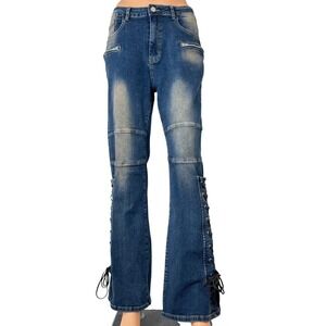 Gilipur Womens Sand Wash Lace Up Flare Jeans Blue High Rise SizeL Zipper Pockets